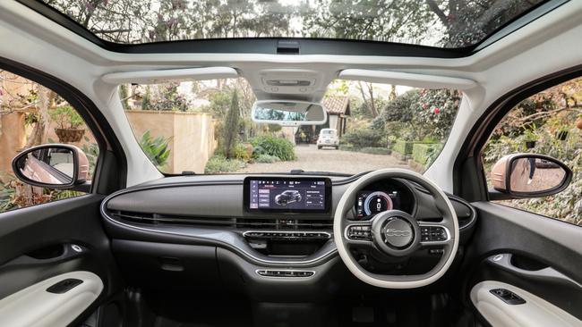 Inside the 500e is funky personified, with a 10.25-inch touchscreen, glass roof, 7-inch digital driver display, wireless charging pad and smartphone mirroring apps.