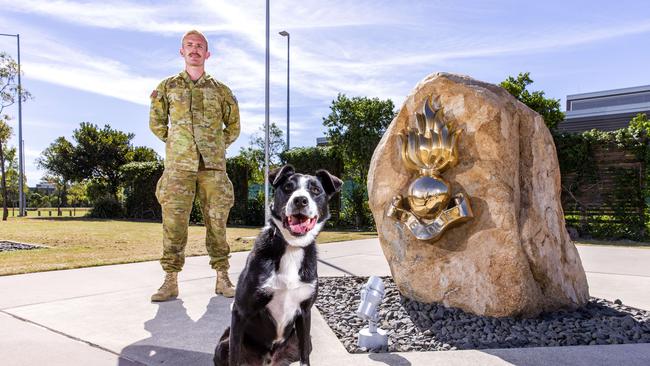 Mason Revell with explosive detection dog Dex at Gallipoli Barracks, Enoggera. Picture: Richard Walker