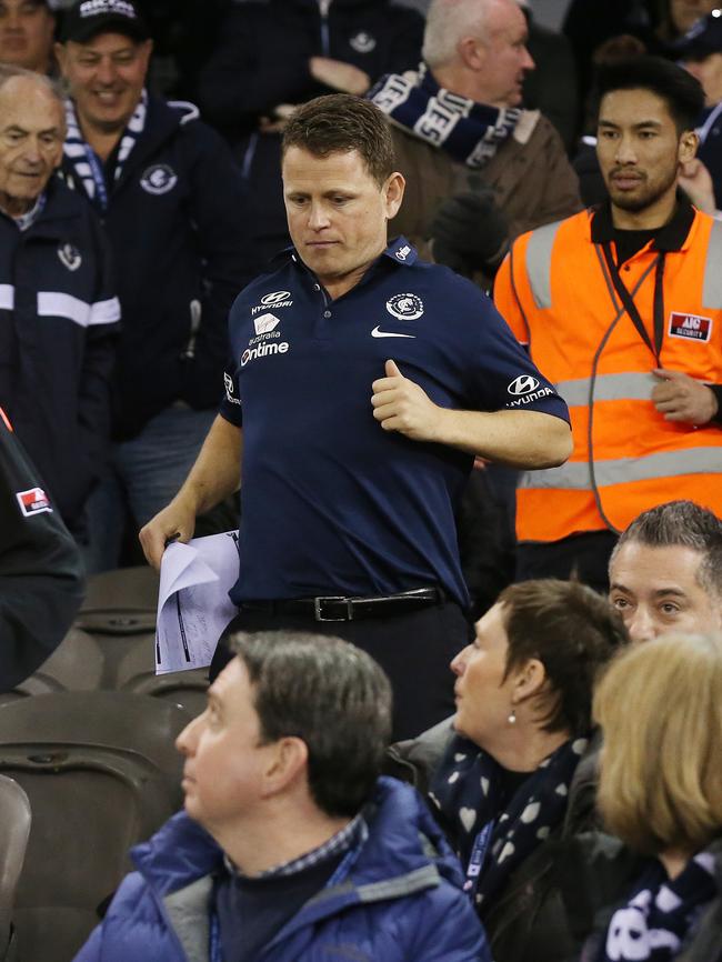 Carlton coach Brendon Bolton feeling the heat at three-quarter time against Hawthorn. Picture: Michael Klein