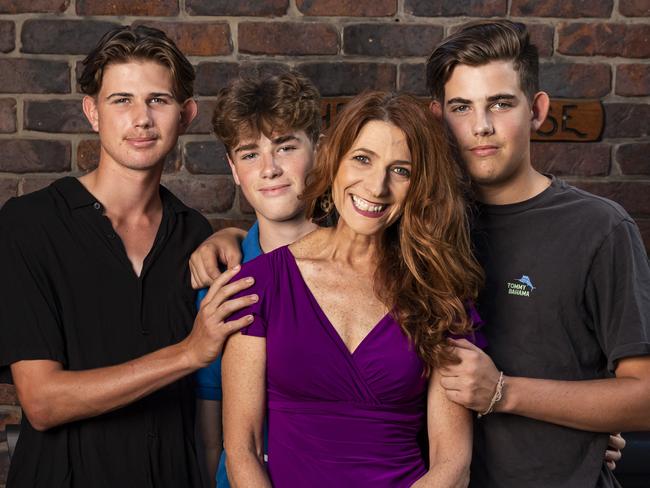 NEWS - Robin Bailey with her 3 boys, Lewin 17, Piper 15 and Fin 19. Pic Mark Cranitch.