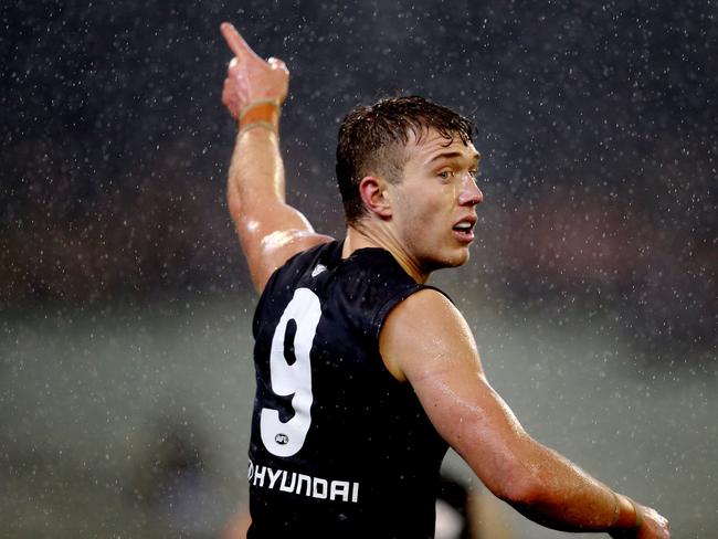 AFL Round 21. 11/08/2019.  Richmond v Carlton at the MCG.   Patrick Cripps of the Blues in the rain at the MCG  . Pic: Michael Klein