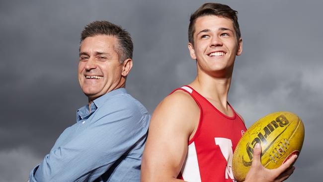 Craig Burton with his son and AFL draft prospect Ryan Burton at Prospect Oval. Picture: Matt Loxton