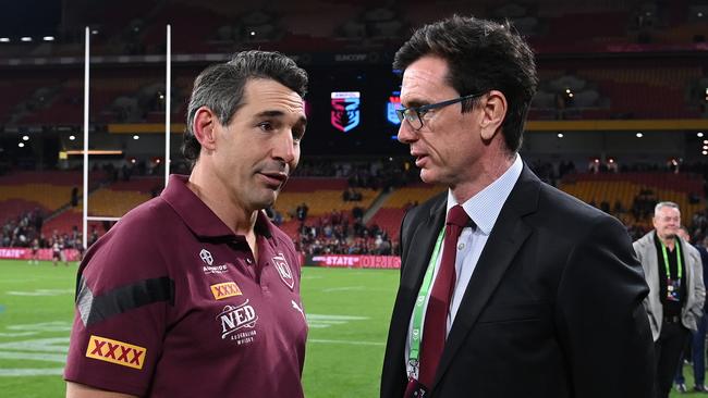 (L-R) Billy Slater head coach of the Maroons speaks to Ben Ikin, Queensland Rugby League CEO following game two of the 2023 State of Origin series. Picture: Getty Images