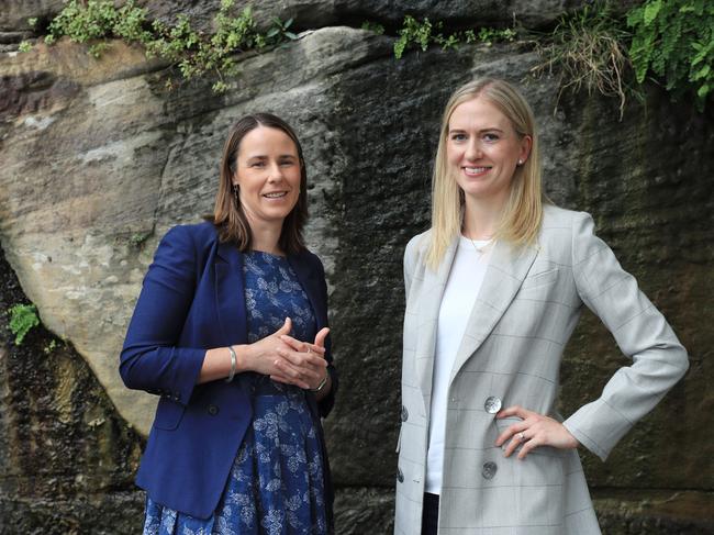 17/3/21: Georgina Varley, Director, Adamantem (blonde) and Skye Glenday CEO Climate Friendly (blue dress) at Walsh Bay, Sydney. Story is about investment in carbon farming. John Feder/The Australian.