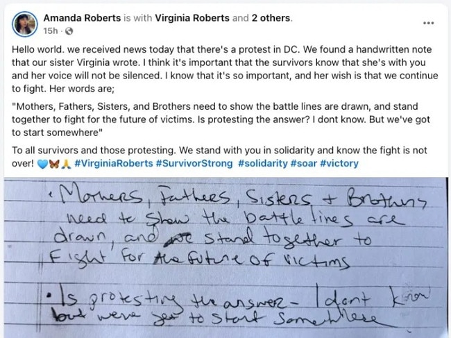 Virginia Giuffre's sister-in-law Amanda Roberts has revealed one of her final handwritten notes. Picture: Facebook