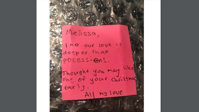 A note left for Melissa Caddick by her husband Anthony Koletti on the day she went missing. Picture: Supplied.