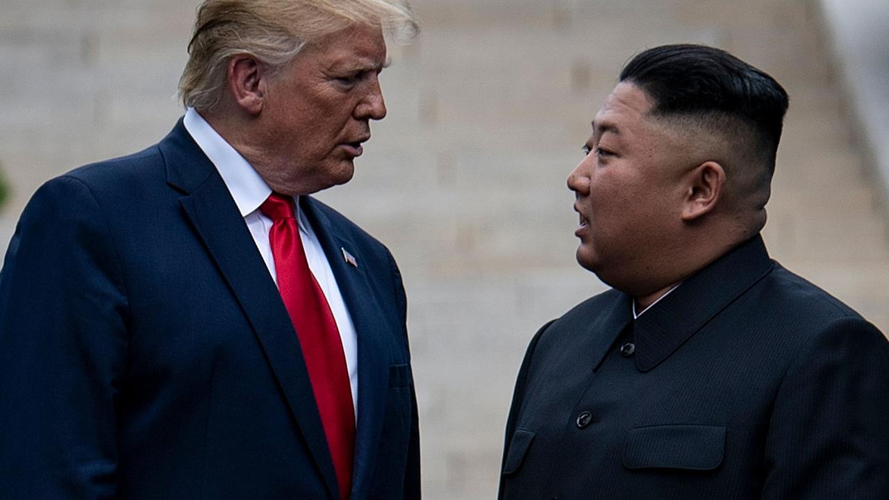 Mr Trump and Kim meeting in the Joint Security Area between North and South Korea. Picture: Brendan Smialowski/AFP