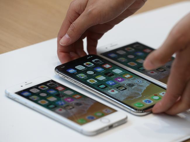 The new iPhone 8, iPhone X and iPhone 8S are displayed during an Apple special event at the Steve Jobs Theatre. Picture: Getty