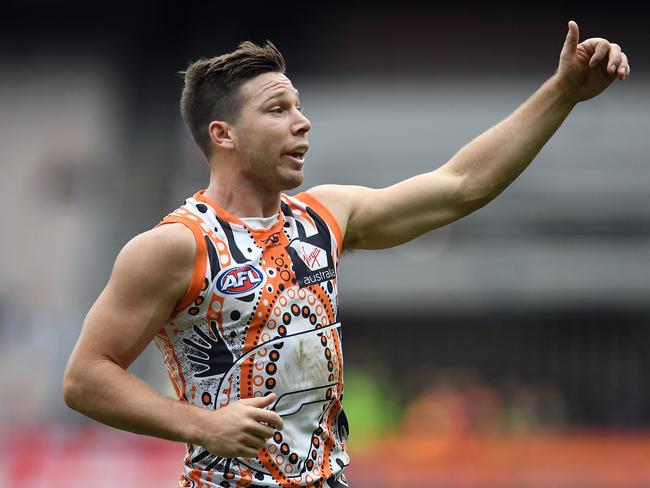 Toby Greene of the Giants reacts during the Round 10 AFL match between the Melbourne Demons and the GWS Giants at the MCG in Melbourne, Sunday, May 26, 2019. (AAP Image/Julian Smith) NO ARCHIVING, EDITORIAL USE ONLY