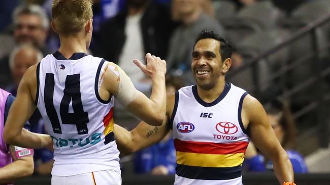 Eddie Betts celebrates after kicking a goal from the boundary against North Melbourne. Picture: Scott Barbour/Getty Images