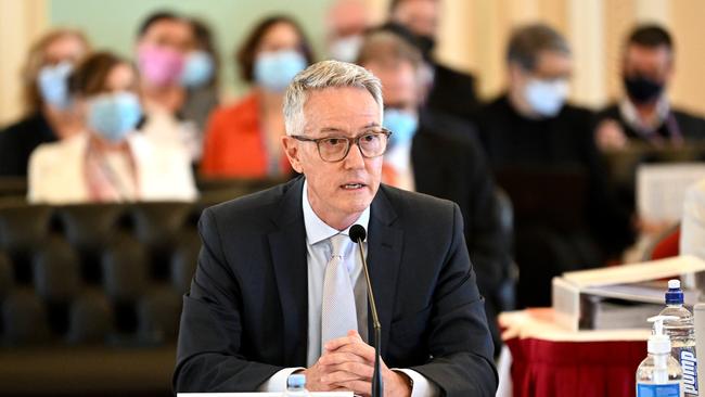 BRISBANE, AUSTRALIA – NewsWire Photos – AUGUST 3, 2022. Bruce Barbour, Chairperson of the Queensland Crime and Corruption Commission (CCC), answers questions during a Legal Affairs and Safety Committee Estimates hearing at Parliament House. Picture: NCA NewsWire / Dan Peled