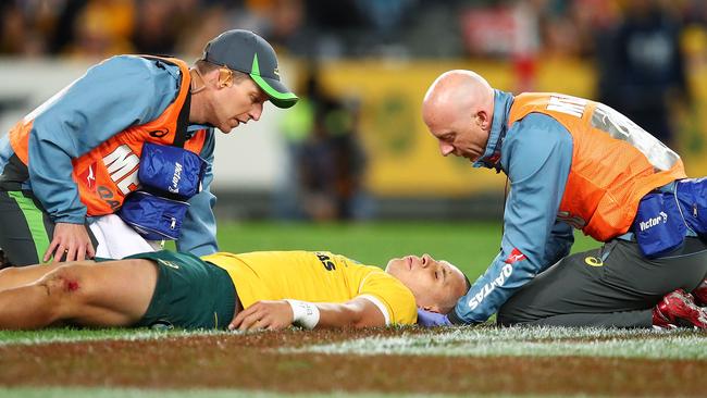 Matt Toomua after being knocked out in the first Bledisloe Cup Test against the All Blacks in Sydney.