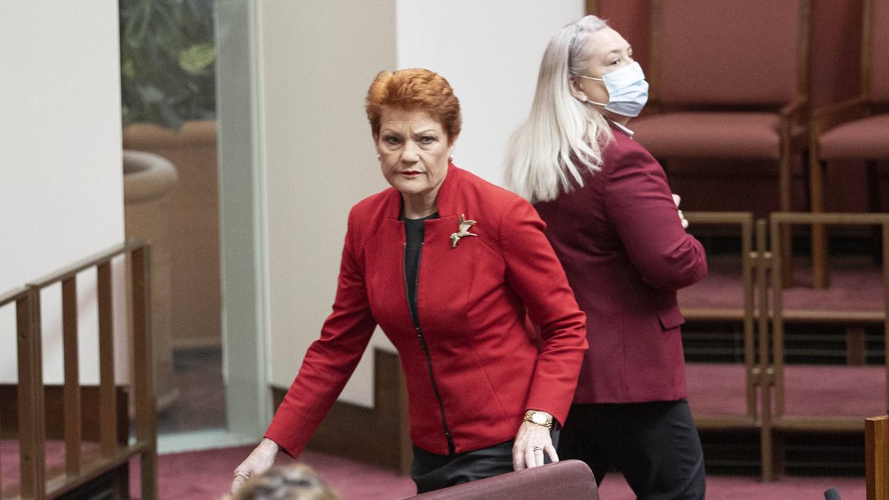 Senator Pauline Hanson storms out of the chamber. Picture: NCA NewsWire / Gary Ramage