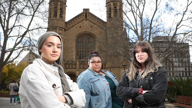 University of Adelaide Women's Collective president Stella Salvemini with fellow student leaders Rebecca Etienne and Arabella Wauchope. Picture: Sarah Reed