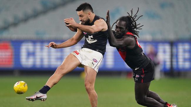 Essendon needs its small forwards, like Anthony McDonald-Tipungwuti, to apply more pressure against Collingwood on Friday night. Picture: AAP Image