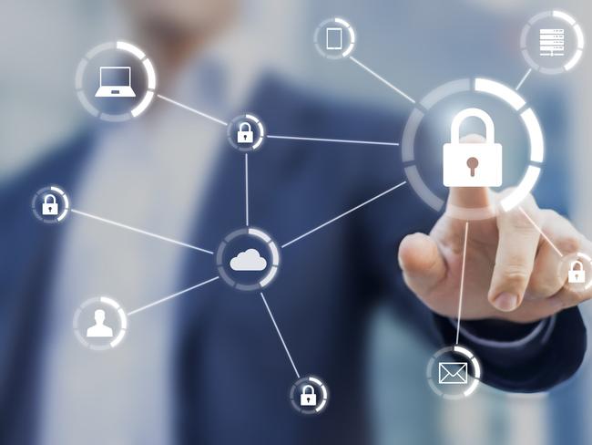 Cybersecurity of network of connected devices and personal data security, concept on virtual interface with consultant in background.