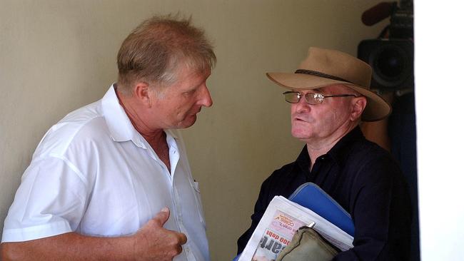 Stephen Czugaj (left) and Lee Rush, fathers of the "Bali Nine" Michael Czugaj and Scott Rush, at Denpasar Court where Scott Rush was sentenced to life imprisonment for heroin trafficking in Denpasar, Bali, Monday, Feb. 13, 2006. (AAP Image/Mick Tsikas)