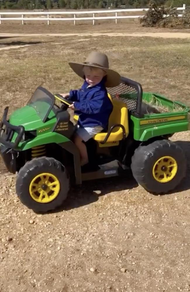 Tom Hawkins' son Henry is a farm boy, like dad. Picture: Instagram