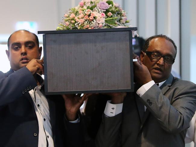 Mourners carry out Sanaya Sahib’s casket at her funeral. Picture: Alex Coppel