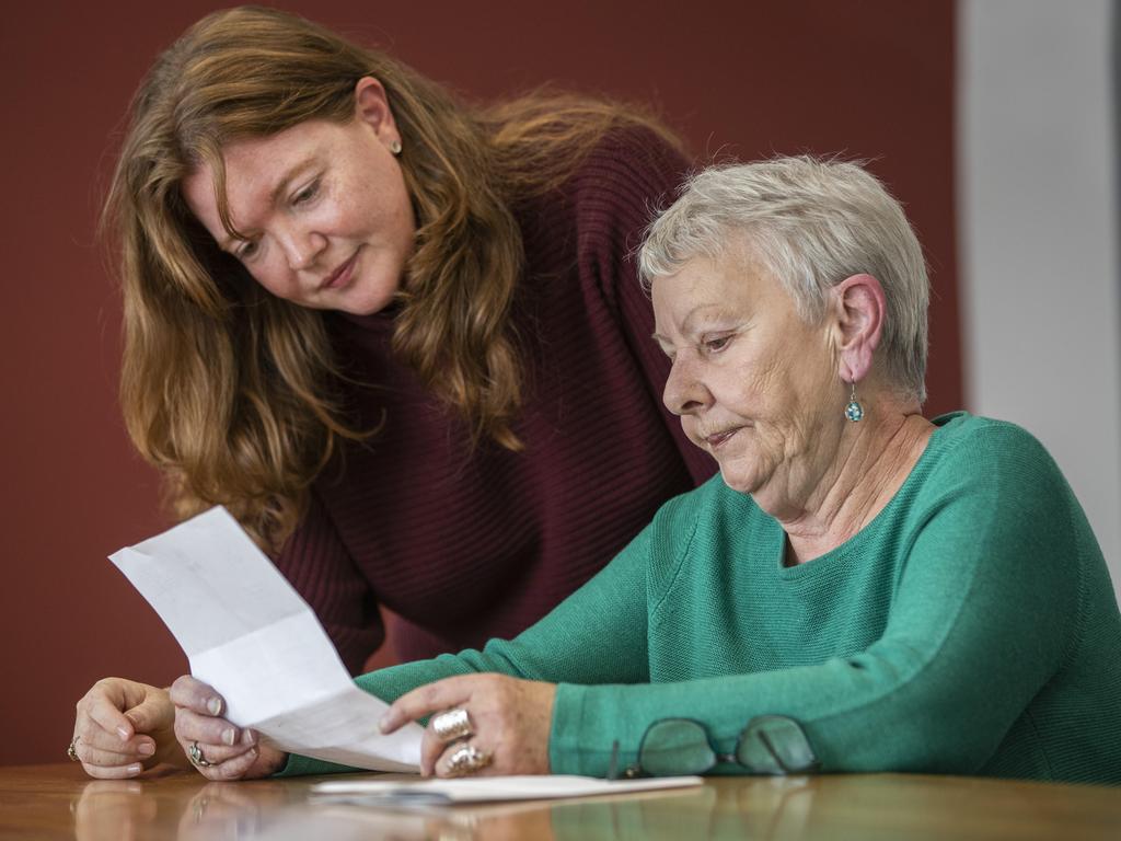 Janine Miller, 74 who is waiting for an urgent appointment at Hobart, with Sarah Lovell MLC. Picture: Chris Kidd