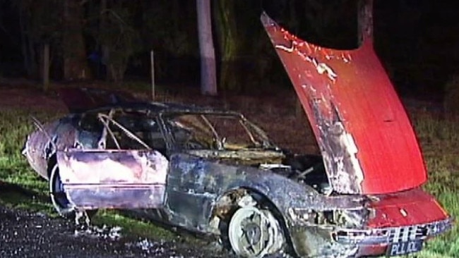 Enzo Ceravolo’s Ferrari Daytona after it was burnt out.