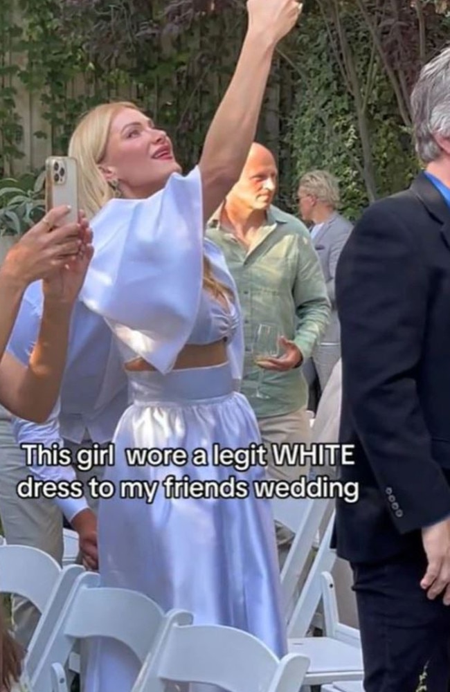 Earlier this year, this wedding guest was slammed for wearing a white crop top and matching skirt to a friend’s nuptials. Picture: TikTok/@drobach