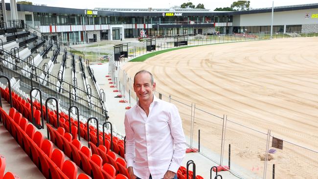 St Kilda president Andrew Bassat sits in the clubs new Danny Frawley Centre grandstand at Moorabbin. Picture: Ian Currie