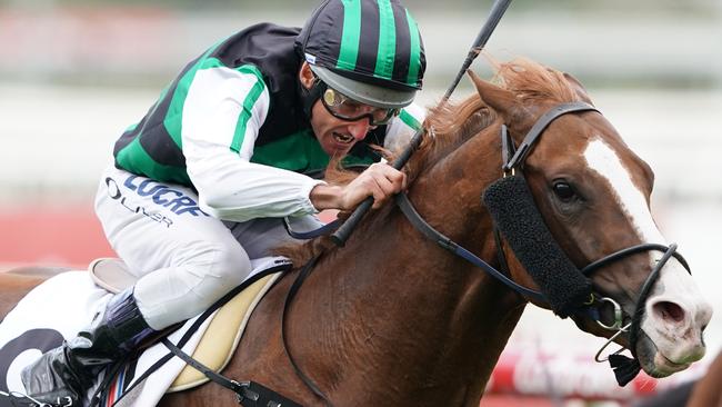 Jockey Damien Oliver rides Serious Liaison to victory on Blue Sapphire Stakes Day.