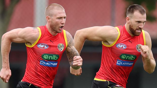 MELBOURNE, FEBRUARY 14, 2025: Richmond Football Club pre-season training at Punt Road Oval. Nathan Broad, Noah Balta. Picture: Mark Stewart