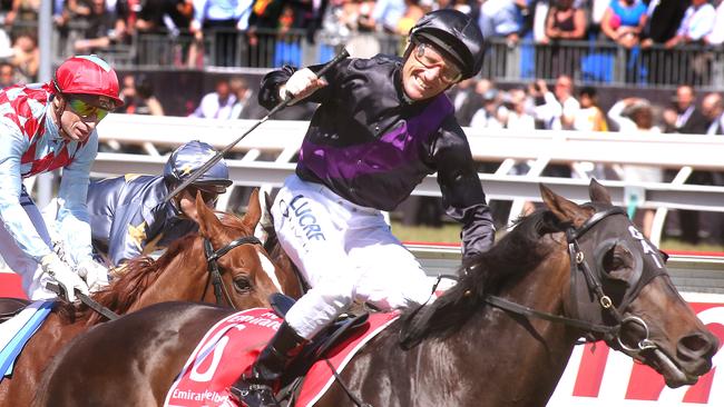 Damien Oliver celebrates his 2013 Melbourne Cup win on Fiorente.