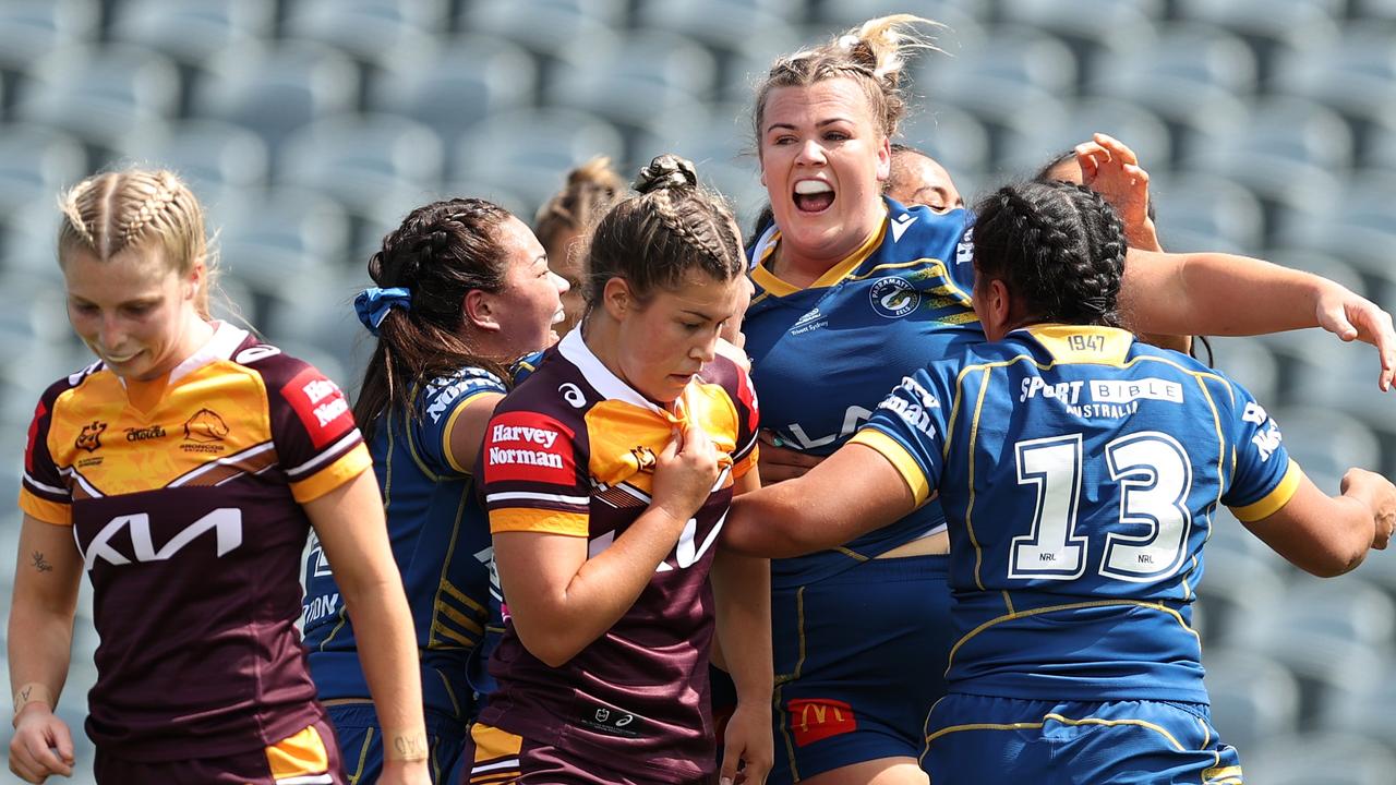 Ellie Johnston celebrates scoring Paramatta’s opening try. Picture: Brendon Thorne/Getty