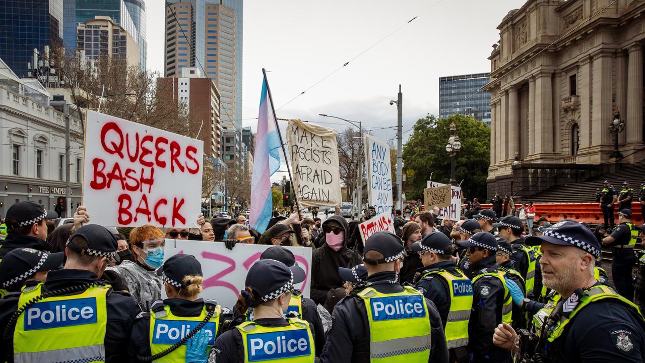 Transgender Liberation held a counter-protest against an anti-trans "women will speak" event in Melbourne. Picture: NewsWire/Tamati Smith.