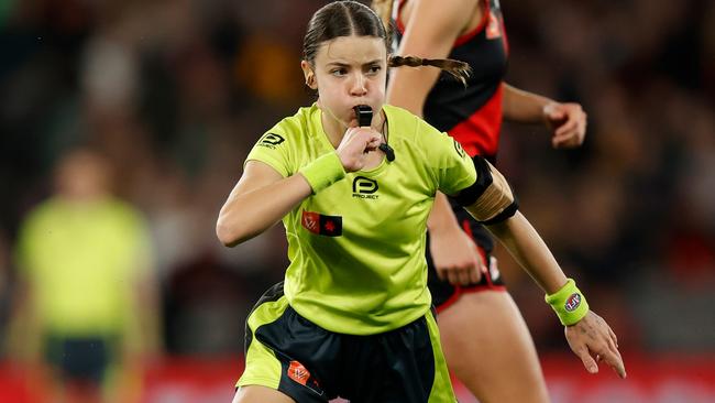 Field Umpire Emma Stark is seen during the 2022 S7 AFLW Round 01 match between the Essendon Bombers and the Hawthorn Hawks at Marvel Stadium Picture: Michael Willson/AFL Photos via Getty Images