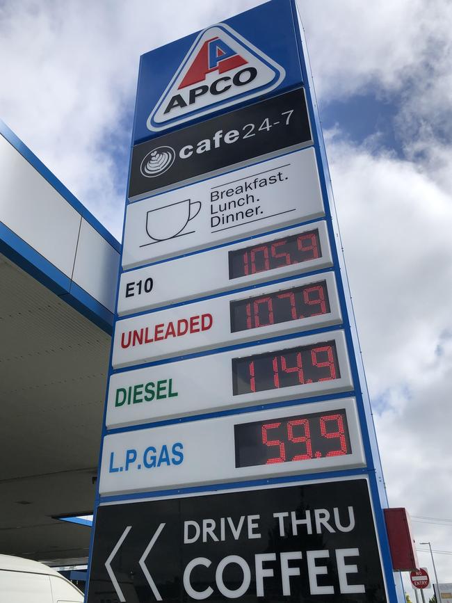 Less than 200 metres away, APCO petrol station at the Surf Coast Highway, Grovedale selling unleaded for 107.9 cents a litre on Wednesday.