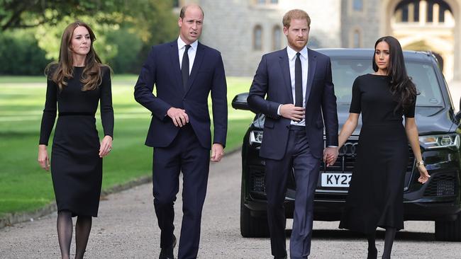 Kate, Princess of Wales, Prince William, Prince of Wales, Prince Harry, Duke of Sussex, and Meghan, Duchess of Sussex, arrive to view flowers and tributes to Queen Elizabeth at Windsor Castle. Picture: Getty Images