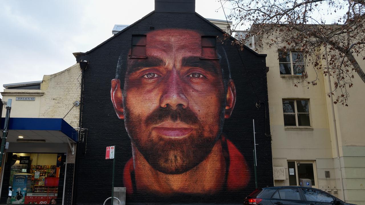 A mural of former AFL player Adam Goodes in Surry Hills, Sydney. Picture: AAP Image/Bianca De Marchi