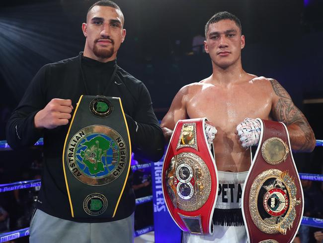 (L-R) Dean Lonergan has grand plans to promote a Jai Opetaia versus Justis Huni rivalry. Picture: Chris Hyde/Getty Images)