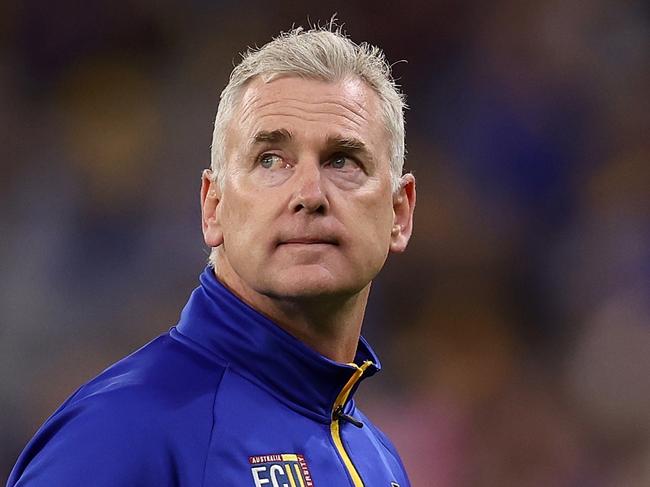 PERTH, AUSTRALIA - AUGUST 26: Adam Simpson, head coach of the Eagles walks from the field following the quarter time break during the round 24 AFL match between the West Coast Eagles and Adelaide Crows at Optus Stadium, on August 26, 2023, in Perth, Australia. (Photo by Paul Kane/Getty Images)