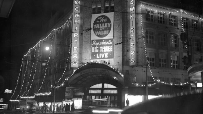 Light blazed in the Valley when three emporiums, Waltons-Sears, McWhirters (pictured) and T.C. Beirne's, were decorated in coloured lights. The stores were planning a campaign to make the Valley a unified shopping centre to fight back against intensified competition when the big drive-in shopping centre at Chermside opened. Picture: Bob Millar Jnr/The Courier-Mail Photo Archive