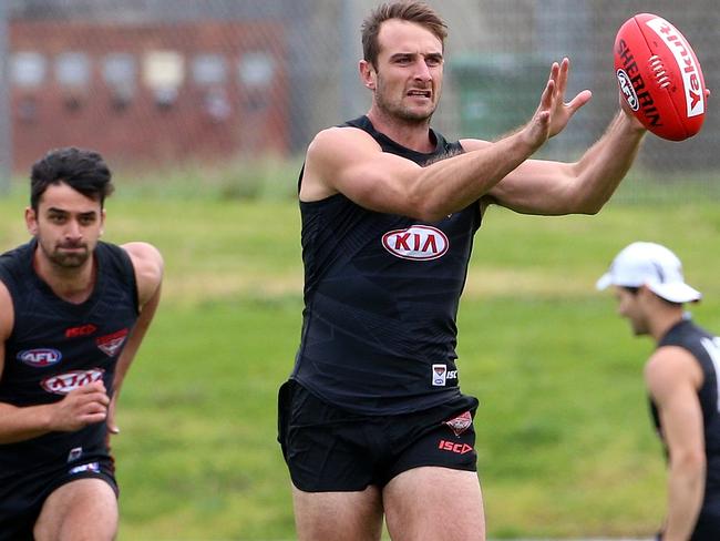 Jobe Watson in action during Essendon training today. Picture: Hamish Blair