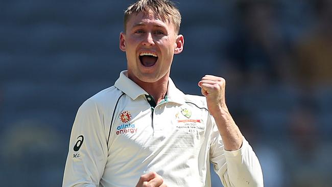 PERTH, AUSTRALIA - DECEMBER 14: Marnus Labuschagne of Australia celebrates taking the wicket of Mitchell Santner of New Zealand during day three of the First Test match in the series between Australia and New Zealand at Optus Stadium on December 14, 2019 in Perth, Australia. (Photo by Cameron Spencer/Getty Images)