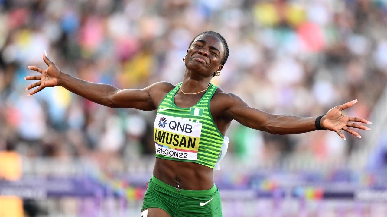 Nigeria's Tobi Amusan celebrates at last year’s World Athletics Championships. Hosting the blue-ribbon event would be a coup for Brisbane heading into the 2032 Olympics.