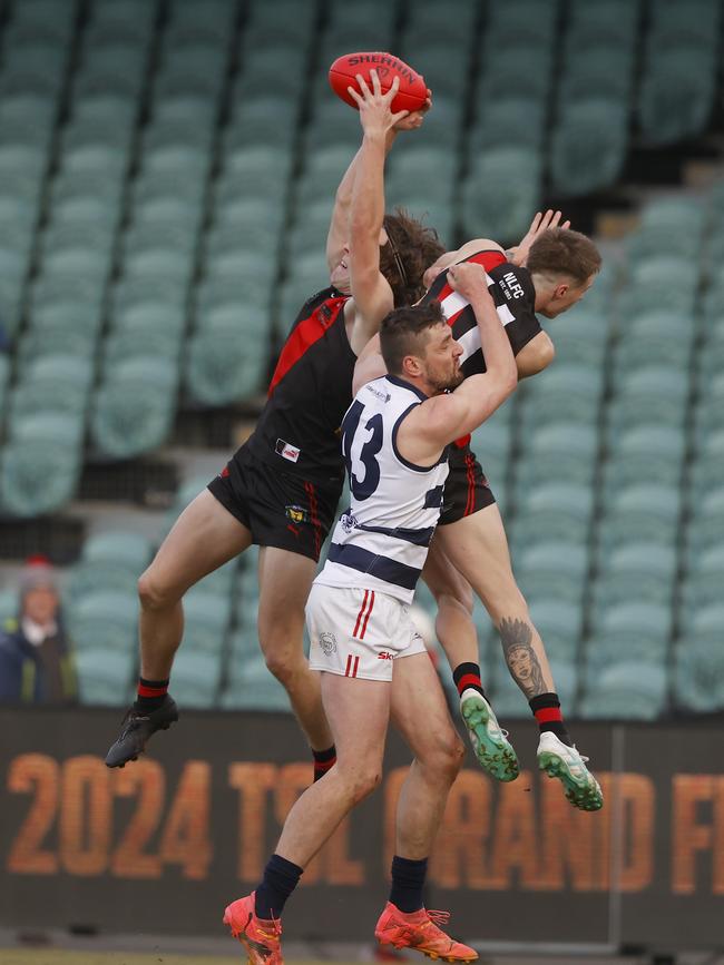 Brandon Leary North Launceston marks over Josh McGuinness Lauderdale. TSL grand final 2024 - North Launceston V Lauderdale. Picture: Nikki Davis-Jones