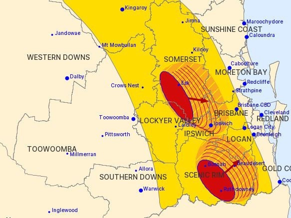 A storm warning is current for Ipswich and surrounding areas, with the Bureau of Meteorology warning of the potential for damaging winds and heavy rain.