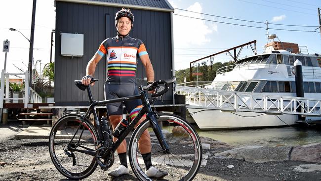 Brain Cancer Survivor Ross Bowles poses with his bike during a photo shoot at Brooklyn. Picture: AAP IMAGE / Troy Snook