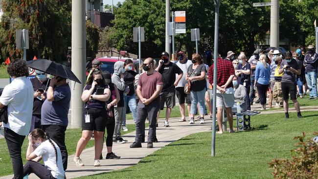 Queues to get checked outside the main hospital on Wednesday. Picture: Alex Coppel