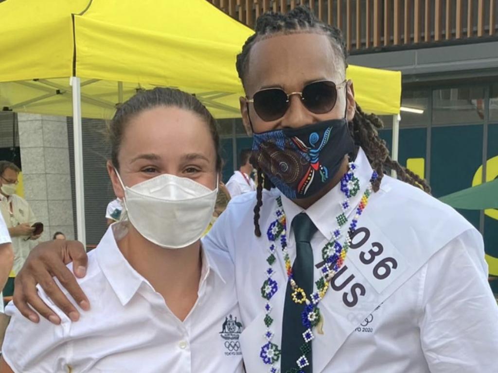 Ash Barty and Patty Mills leaving the athletes’ village on the way to the opening ceremony of the 2020 Tokyo Olympics.