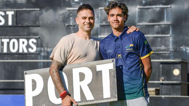 Port Adelaide great Peter Burgoyne and his son Jase at Alberton in January. Picture: Brenton. Edwards