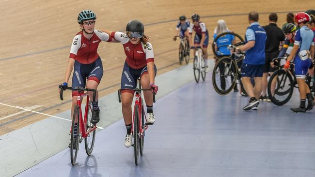 Sienna Monteith is congratulated after crossing the finish line first at the 2023 Australian Track Cycling Championships Under-15 Keirin event. Picture: Rodney Douglas Smith