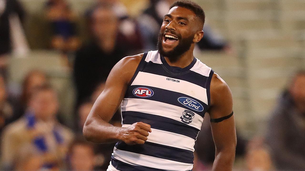 Esava Ratugolea celebrates a goal in Geelong’s semi-final win against West Coast. Picture: Michael Klein